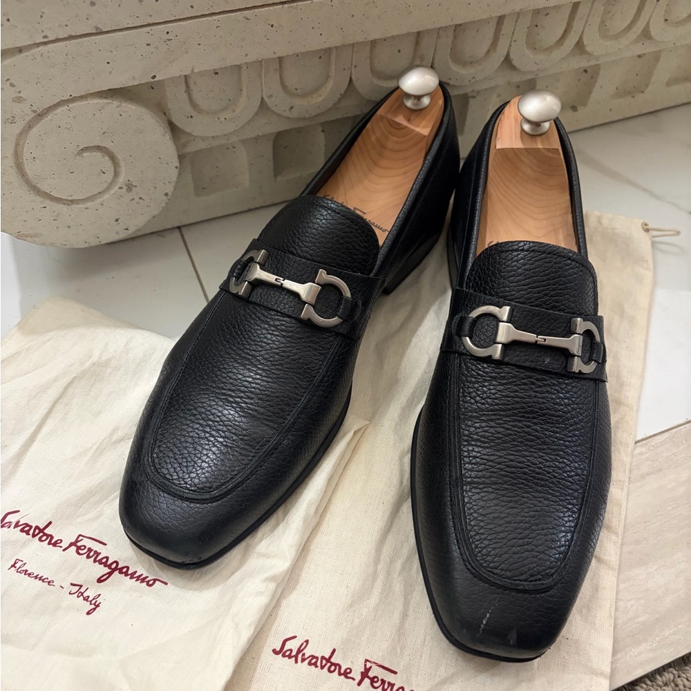 Salvatore Ferragamo Black Pebbled Leather Slip-Ons